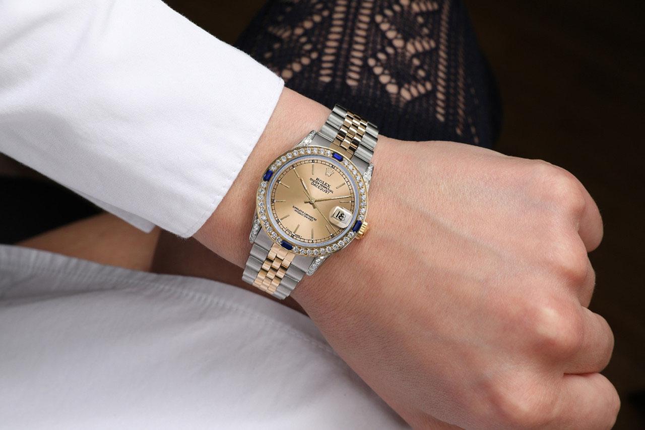 Rolex 31mm Datejust Champagne Index Diamond Dial Bezel/Lugs Two Tone Watch

We take great pride in presenting this timepiece, which is in impeccable condition, having undergone professional polishing and servicing to maintain its pristine