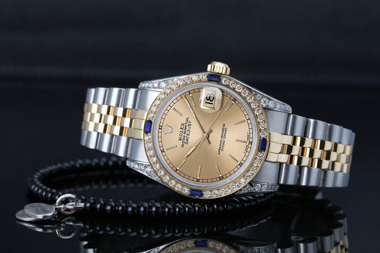 Rolex Datejust Champagne Index Diamant Zifferblatt Lünette/Lugs Zweifarbige Uhr im Zustand „Hervorragend“ im Angebot in New York, NY