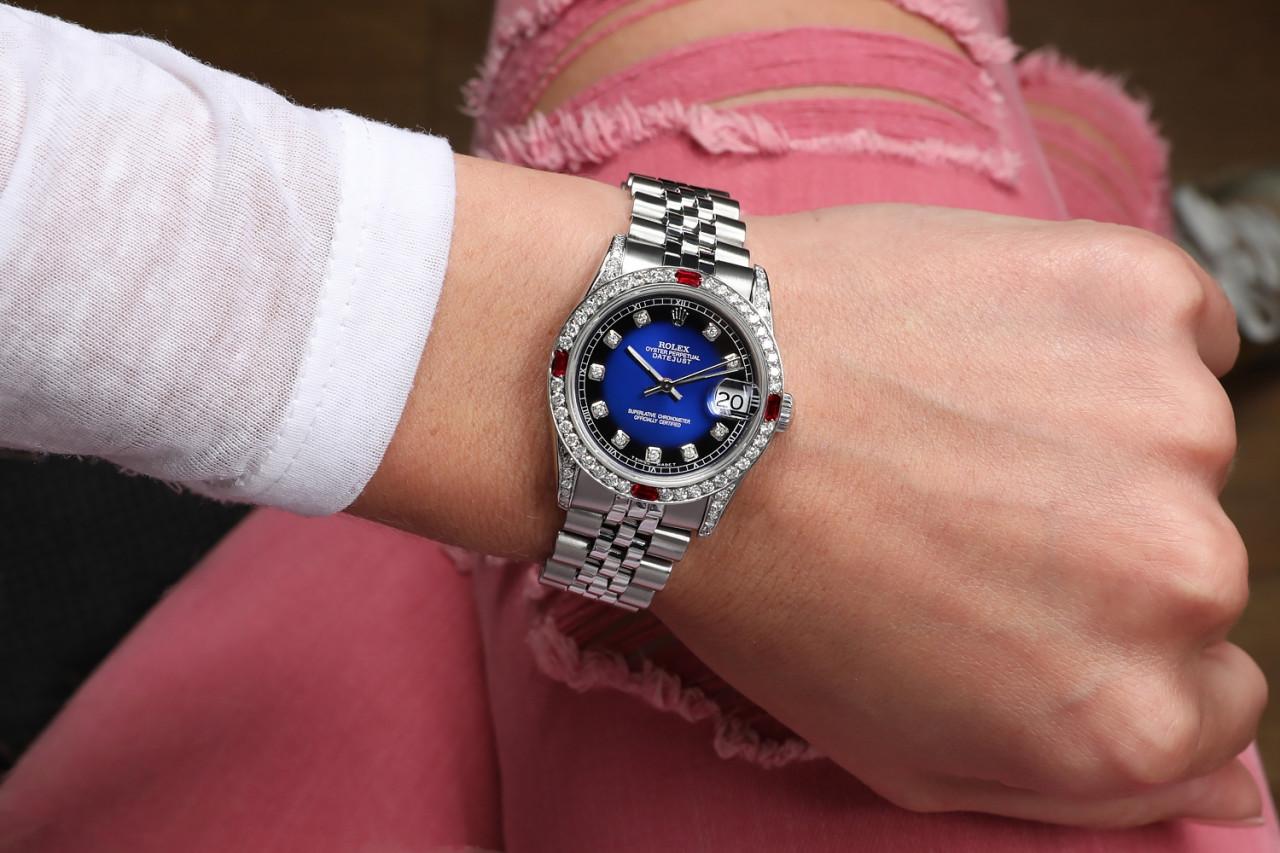 Women's Rolex Datejust Custom Blue Vignette Diamond Dial Rubies on Bezel & Diamonds For Sale