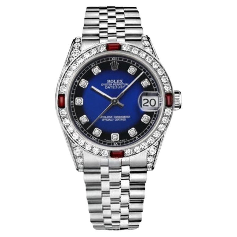 Rolex Montre Datejust avec cadran bleu Vignette personnalisé en diamants et rubis sur lunette et diamants