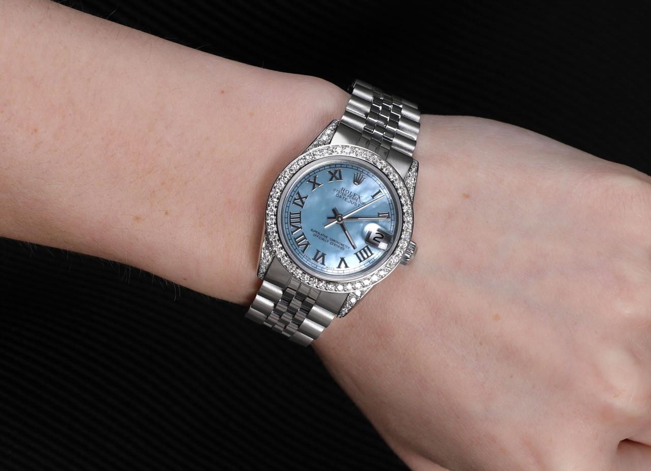 Rolex 31mm Datejust With custom Diamond bezel SS Baby Blue MOP Mother Of Pearl Roman Numeral Dial Bezel and Lugs Deployment buckle 68274
