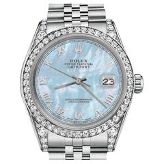 Rolex Datejust Custom Diamond Bezel SS Baby Blue MOP Roman Numeral Dial 68274