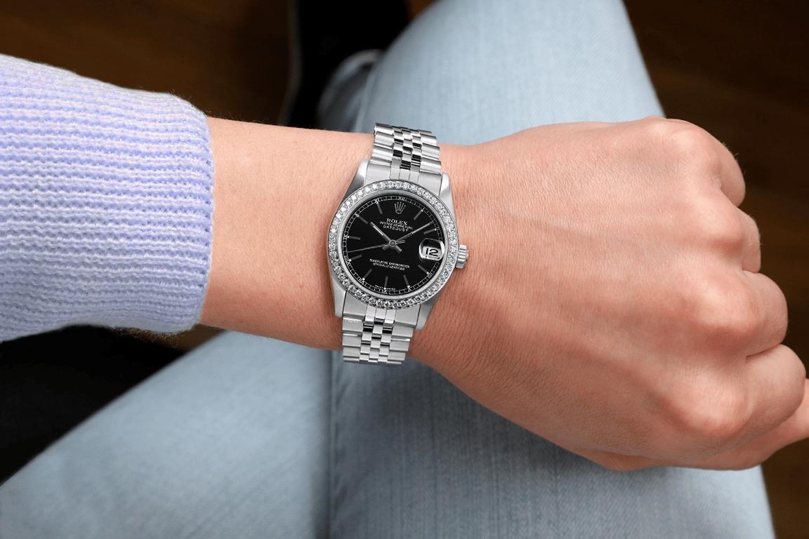 Rolex 31mm Datejust Diamond Bezel Black Color Dial Stainless Steel Watch 68274

