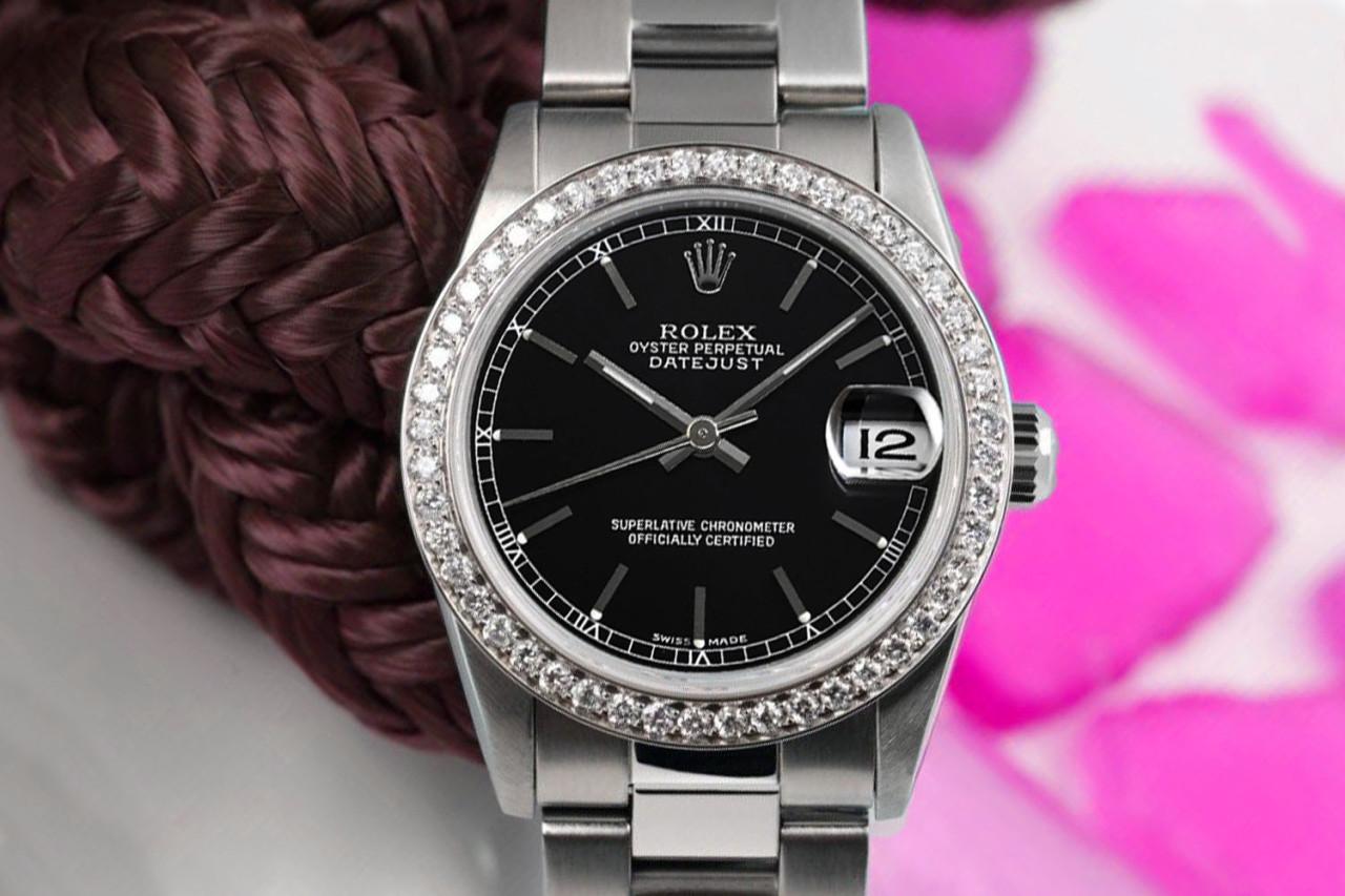 Taille ronde Rolex Montre Oyster 31mm Datejust en acier avec lunette en diamant et cadran noir en vente