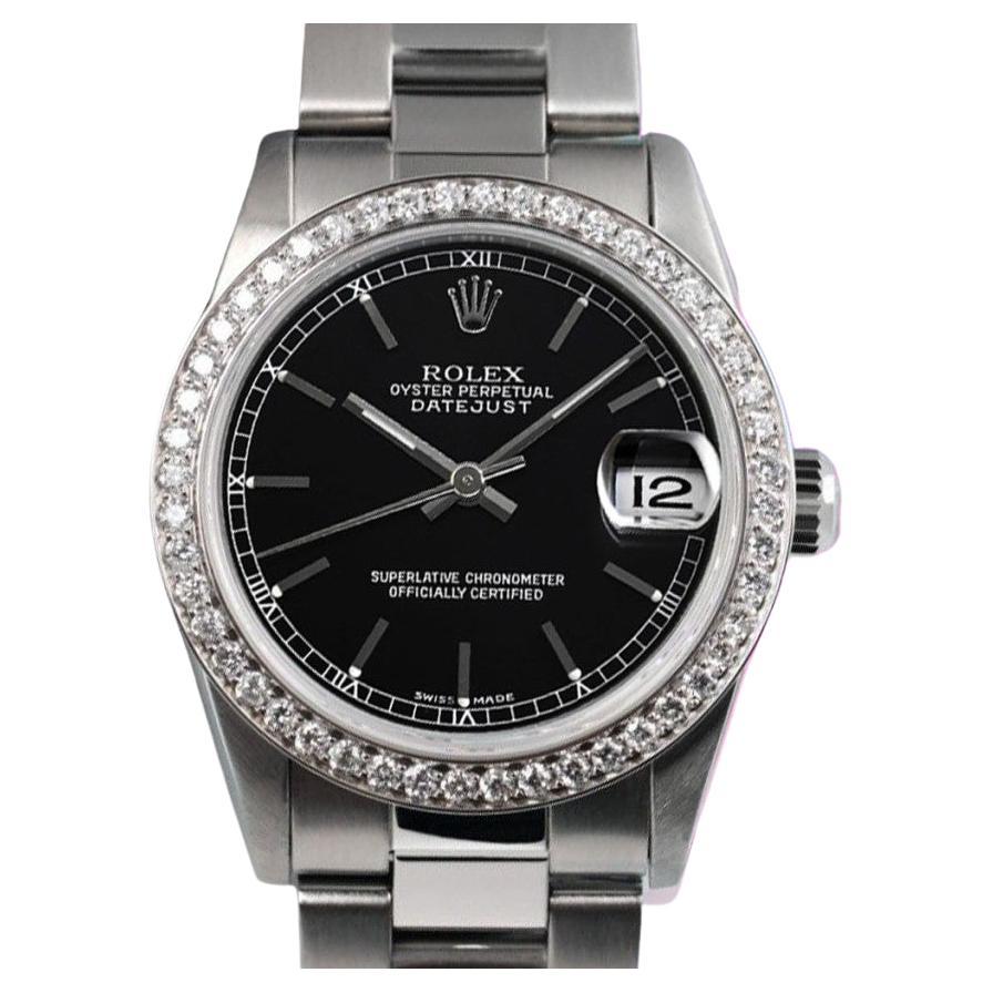 Rolex Datejust Diamond Bezel Black Dial Steel Oyster Watch For Sale