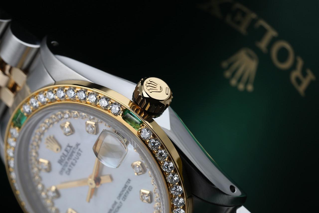 Emerald Cut Rolex Datejust Diamond Bezel with Emeralds Two Tone White MOP String Dial 68273 For Sale