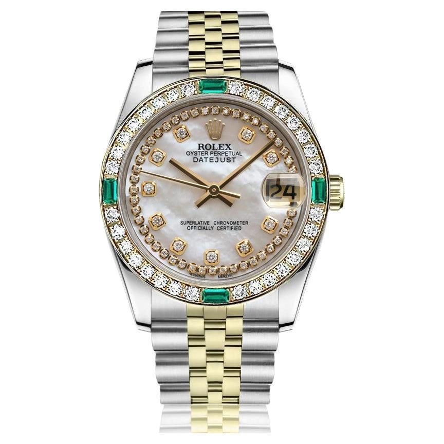 Rolex Datejust Diamant-Lünette mit Smaragden, zweifarbiges weißes MOP String-Zifferblatt 68273 im Angebot
