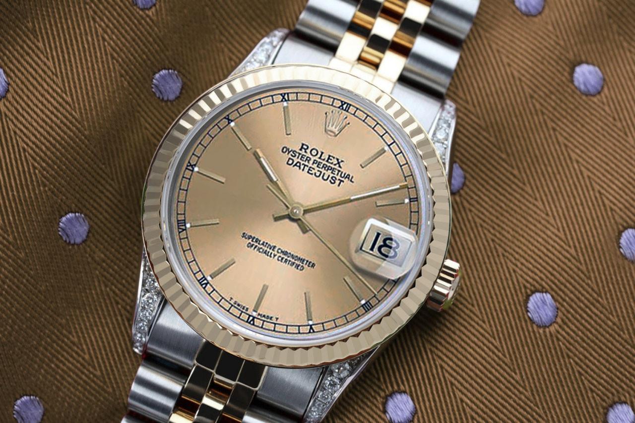 Round Cut Rolex Datejust Diamond Lugs Champagne Dial Two Tone Women's Watch For Sale