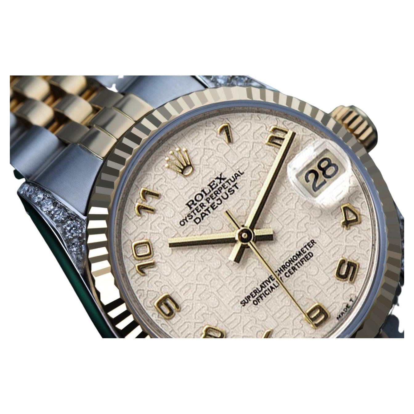 Rolex Datejust 68274 Fluted Bezel Diamond Lugs Cream Color Dial 2 Tone Watch  For Sale
