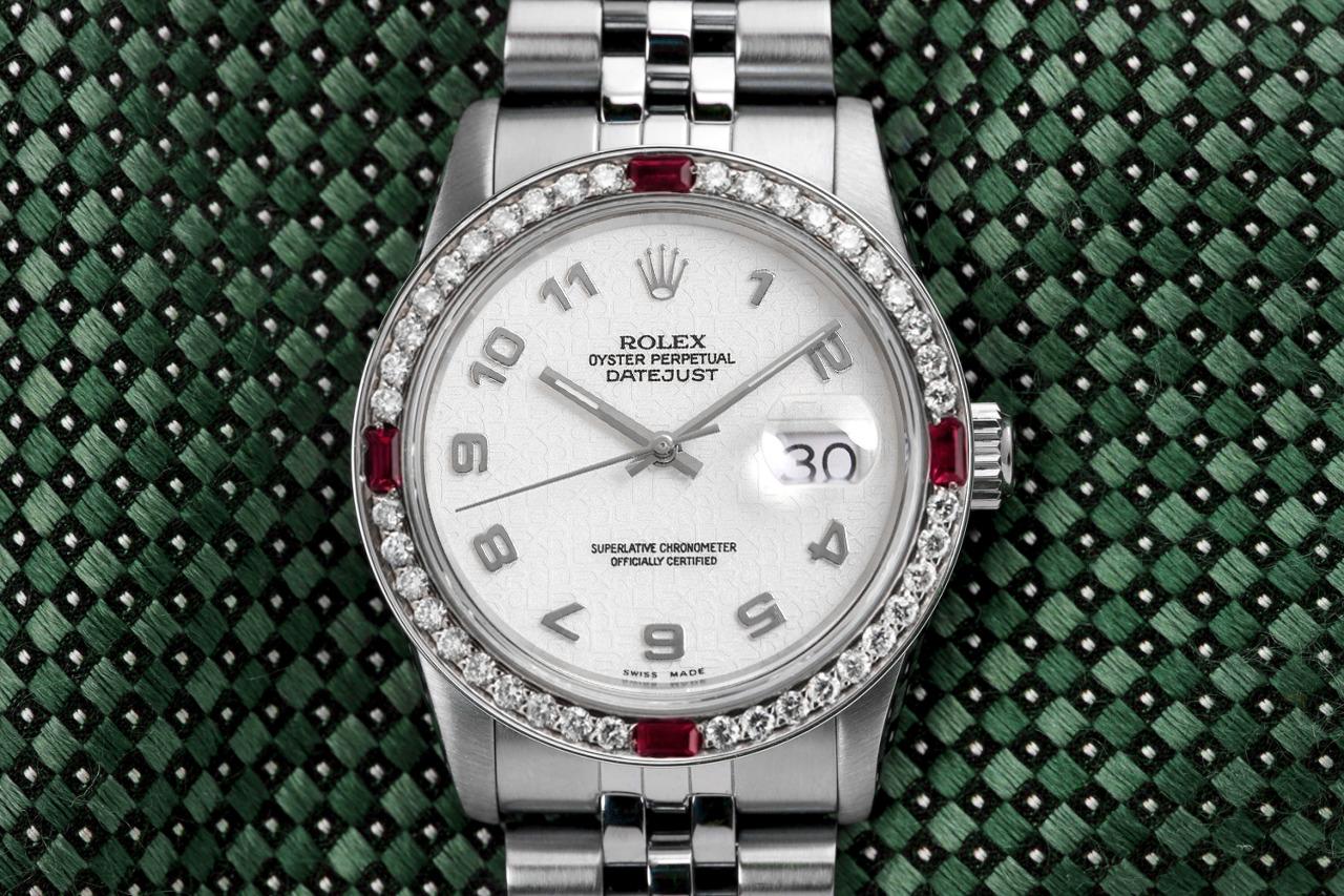Taille ronde Rolex Montre Datejust 68274 ivoire à cadran arabe avec lunette en diamants et saphirs en vente