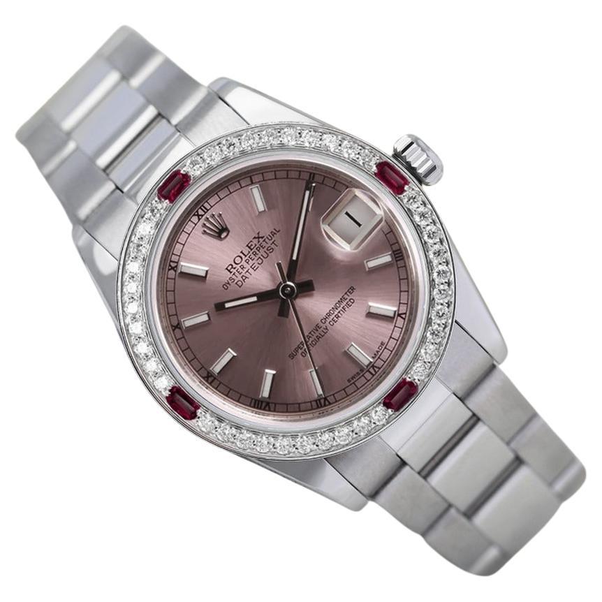 Rolex Datejust 68274 Pink Stick Dial Oyster SS Watch Diamond & Ruby Bezel  For Sale