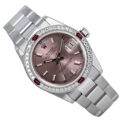 Vintage Rolex Datejust 68274 Pink Stick Dial Oyster SS Watch Diamond & Ruby Bezel 