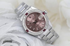 Rolex Datejust 178240 Pink Stick Dial Oyster SS Watch Diamond & Ruby Bezel New