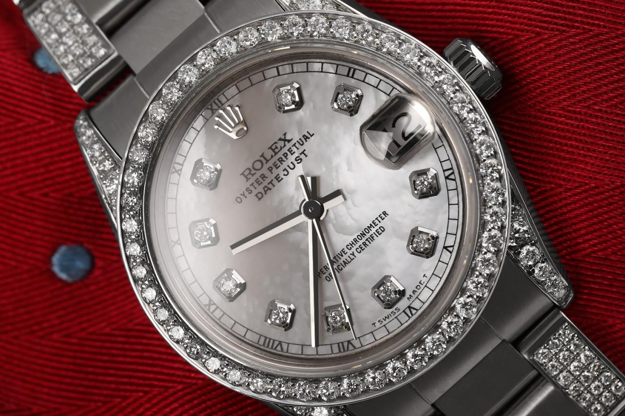 Round Cut Rolex Datejust 68274 S/S White MOP RT Dial Diamond Bezel+Lugs+Oyster Bracelet For Sale