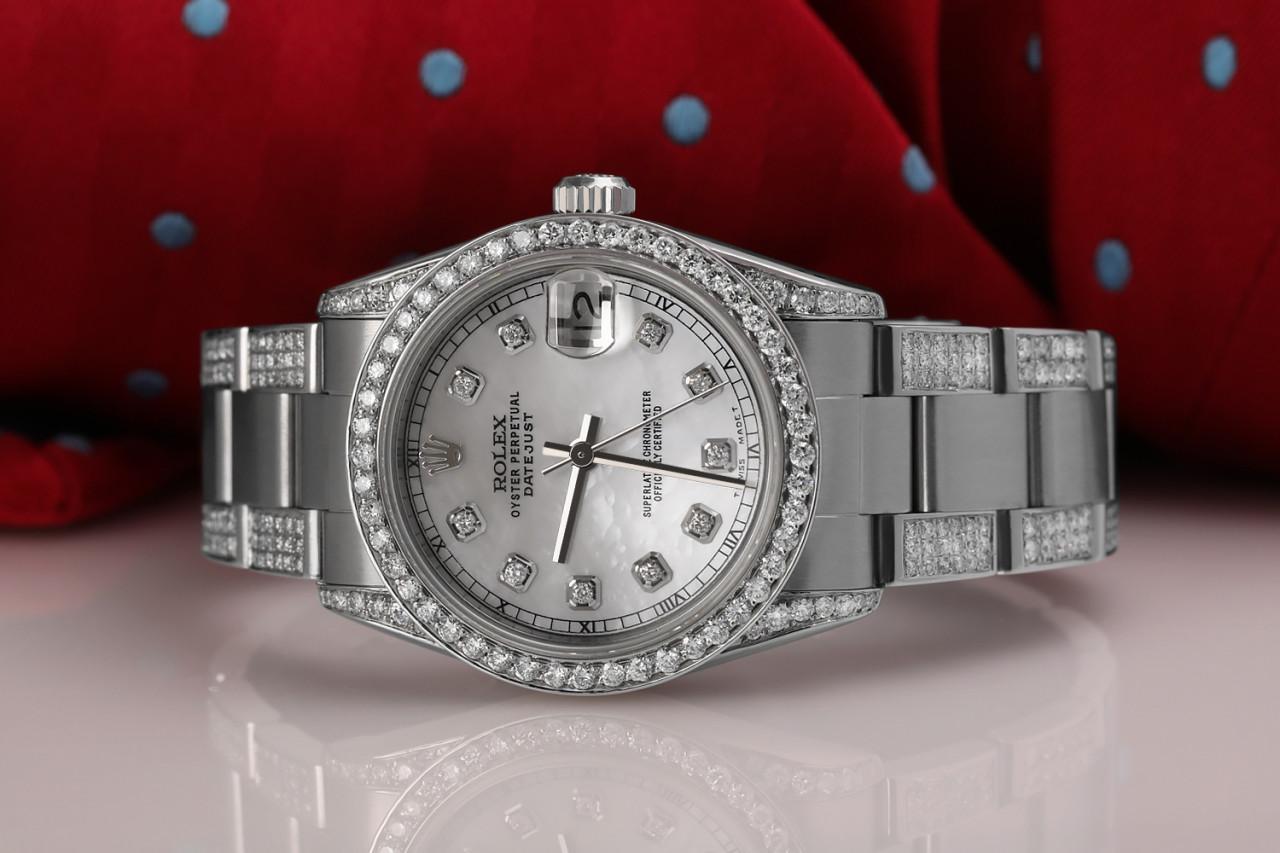 Rolex Datejust 68274 S/S White MOP RT Dial Diamond Bezel+Lugs+Oyster Bracelet In Excellent Condition For Sale In New York, NY