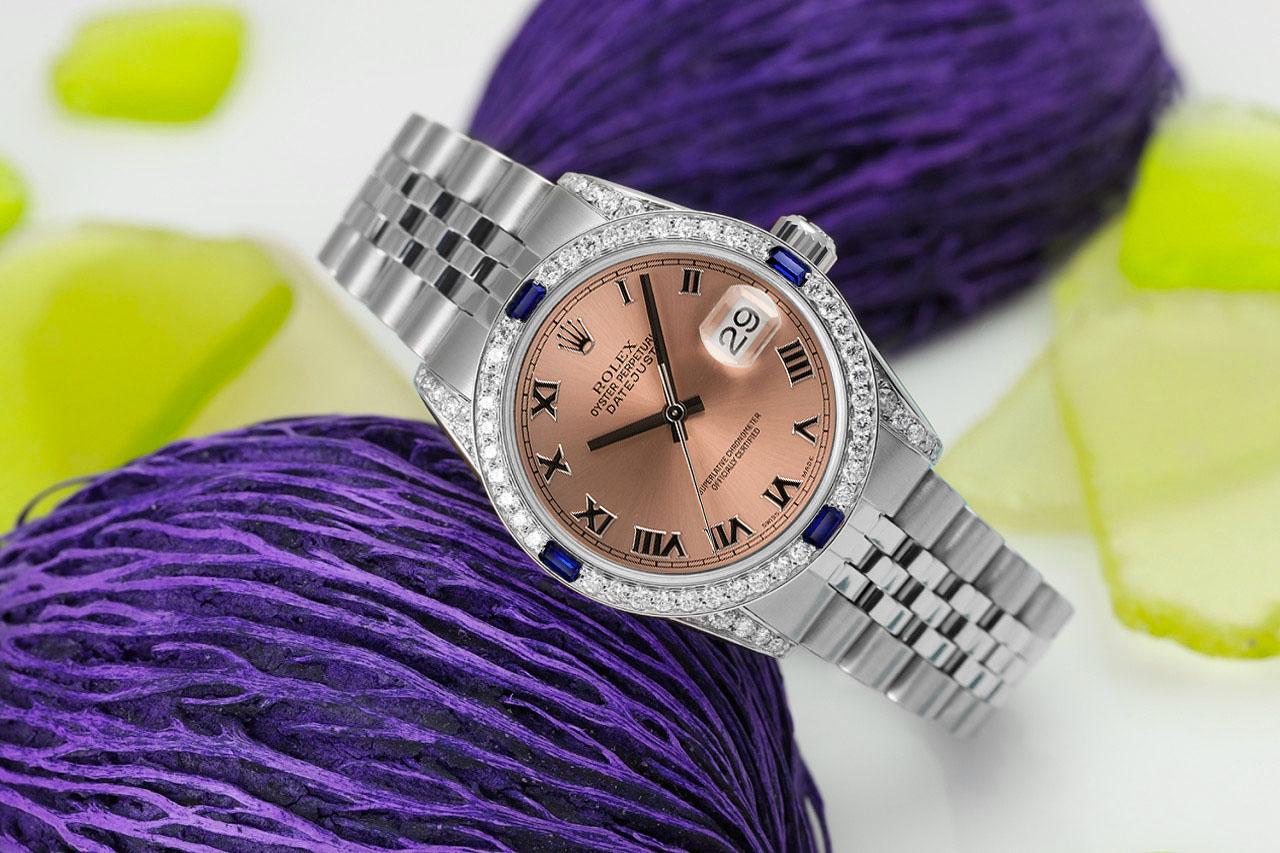 Rolex Montre Datejust Salmon Roman Dial Diamonds / Saphirs Excellent état - En vente à New York, NY