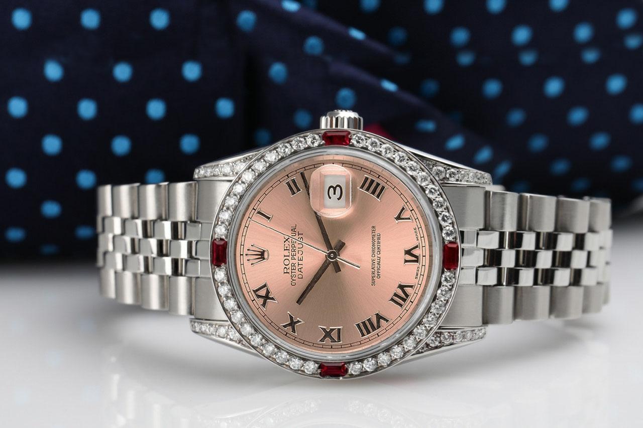 Round Cut Rolex Datejust Salmon Roman Dial with Diamonds and Rubies Steel Watch For Sale