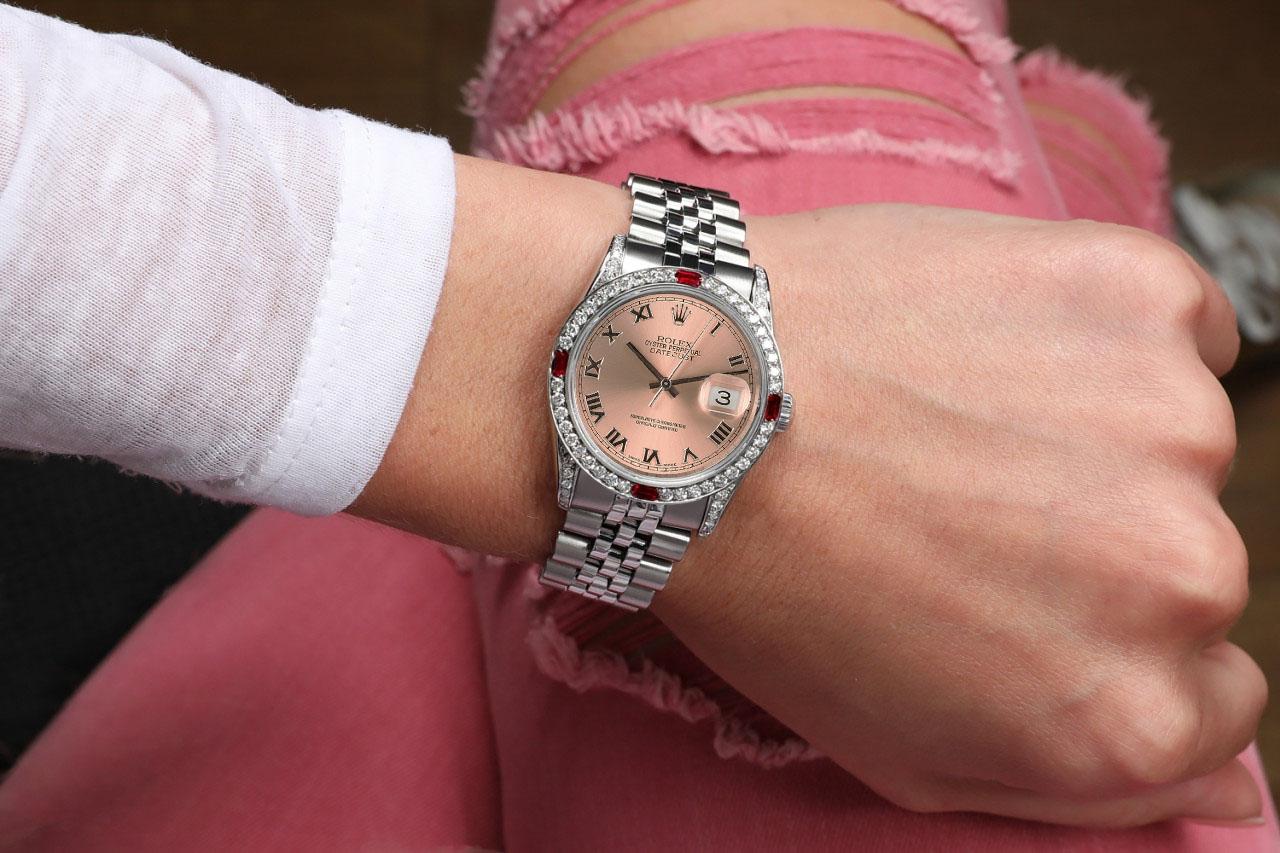 Rolex Datejust Salmon Roman Dial with Diamonds and Rubies Steel Watch For Sale 1