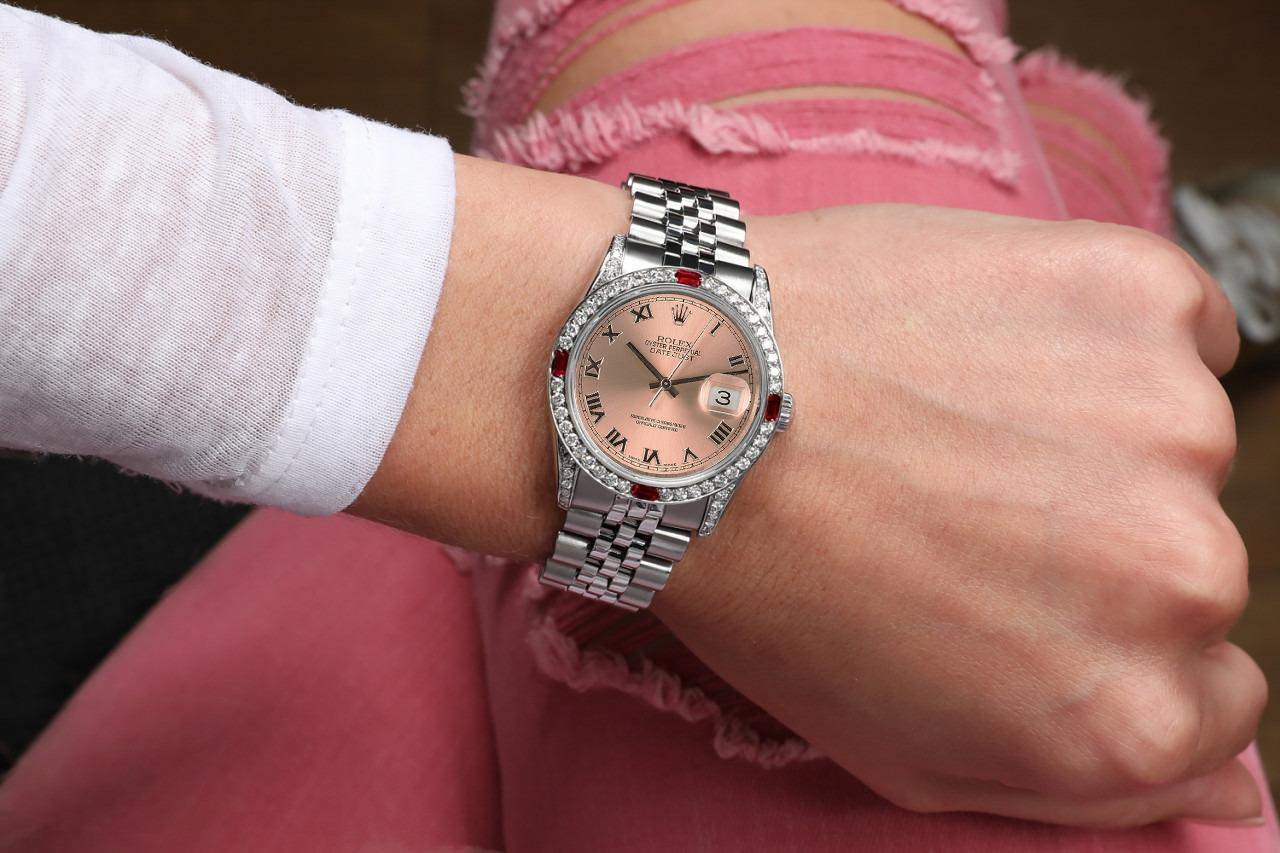 Round Cut Rolex Datejust 68274 Salmon Roman Numeral Dial with Diamonds and Rubies Watch For Sale