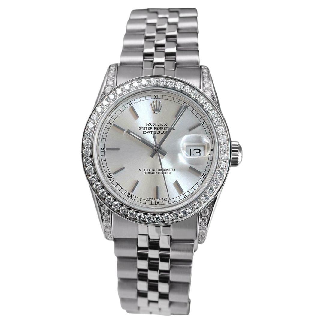 Rolex Datejust Silver Index Dial Diamond Bezel & Lugs Stainless Steel Watch For Sale