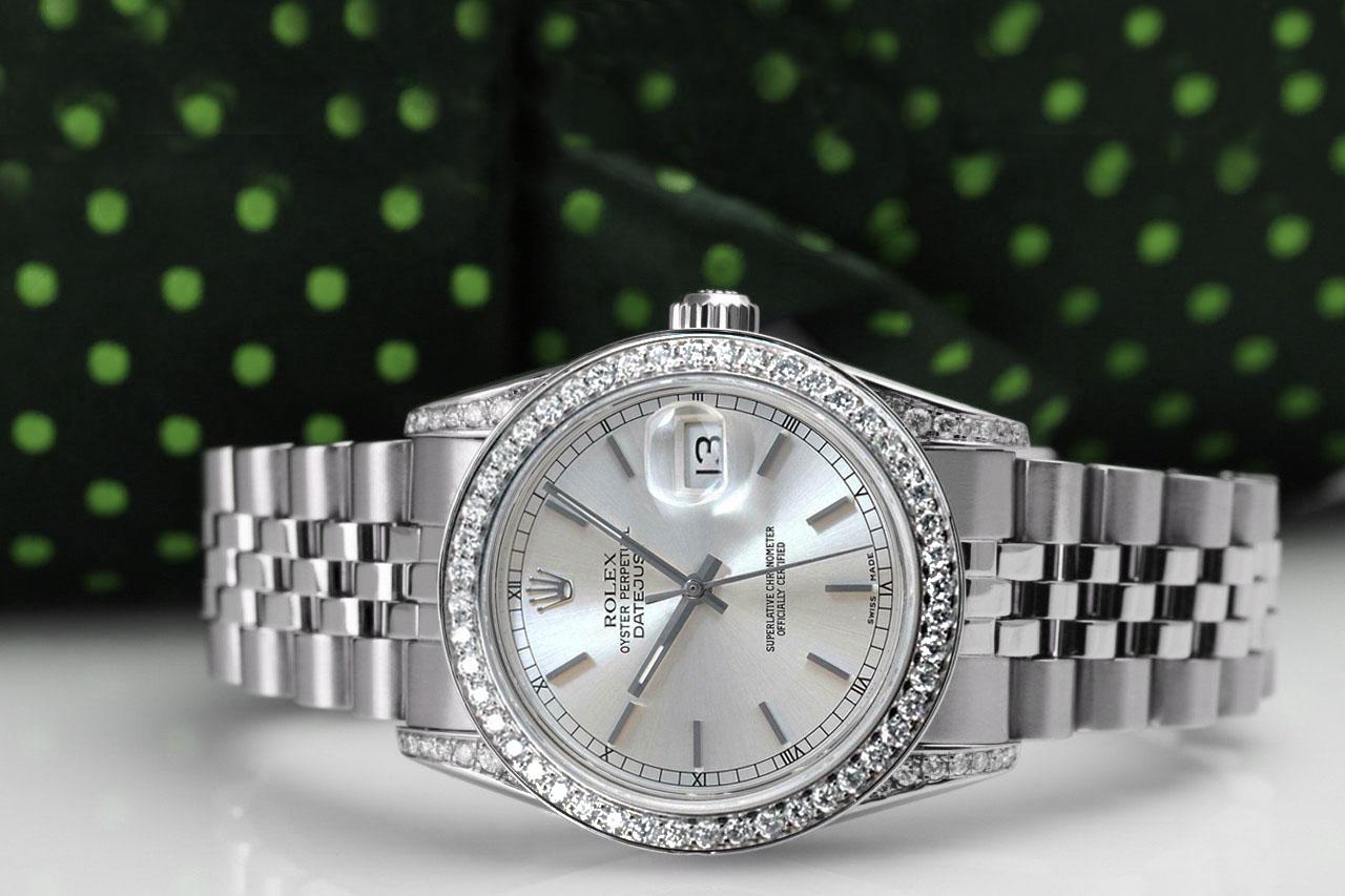 Rolex Montre Datejust 31mm avec cadran argenté et lunette en acier avec index et diamants Pour hommes en vente