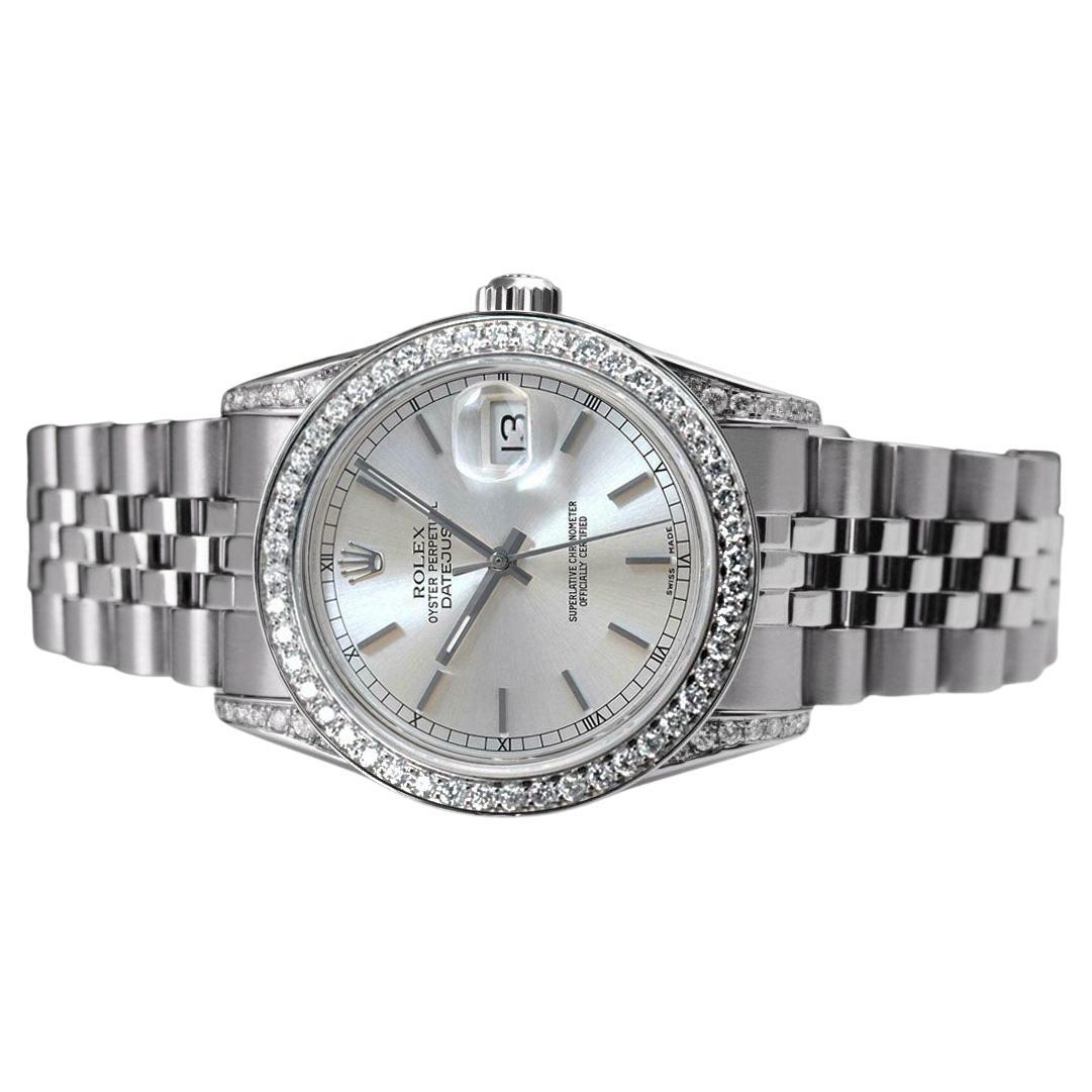 Rolex Datejust Silver Index Dial Diamond Bezel / Lugs Steel Watch For Sale