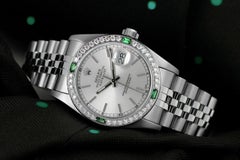 Rolex Datejust Silver Index Dial Diamond/Emerald Bezel Steel Watch