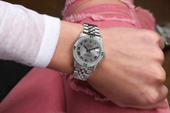 Rolex Datejust Silver Quadrante Romano Lunetta di smeraldi e diamanti/Lugs Orologio in acciaio