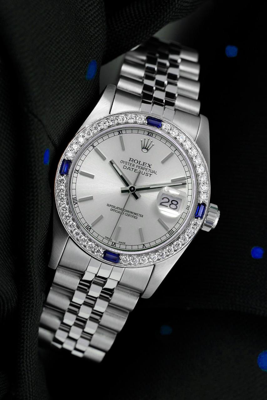 Taille ronde Rolex Montre Datejust 68274 à cadran bâton en argent avec lunette en diamants et saphirs bleus en vente