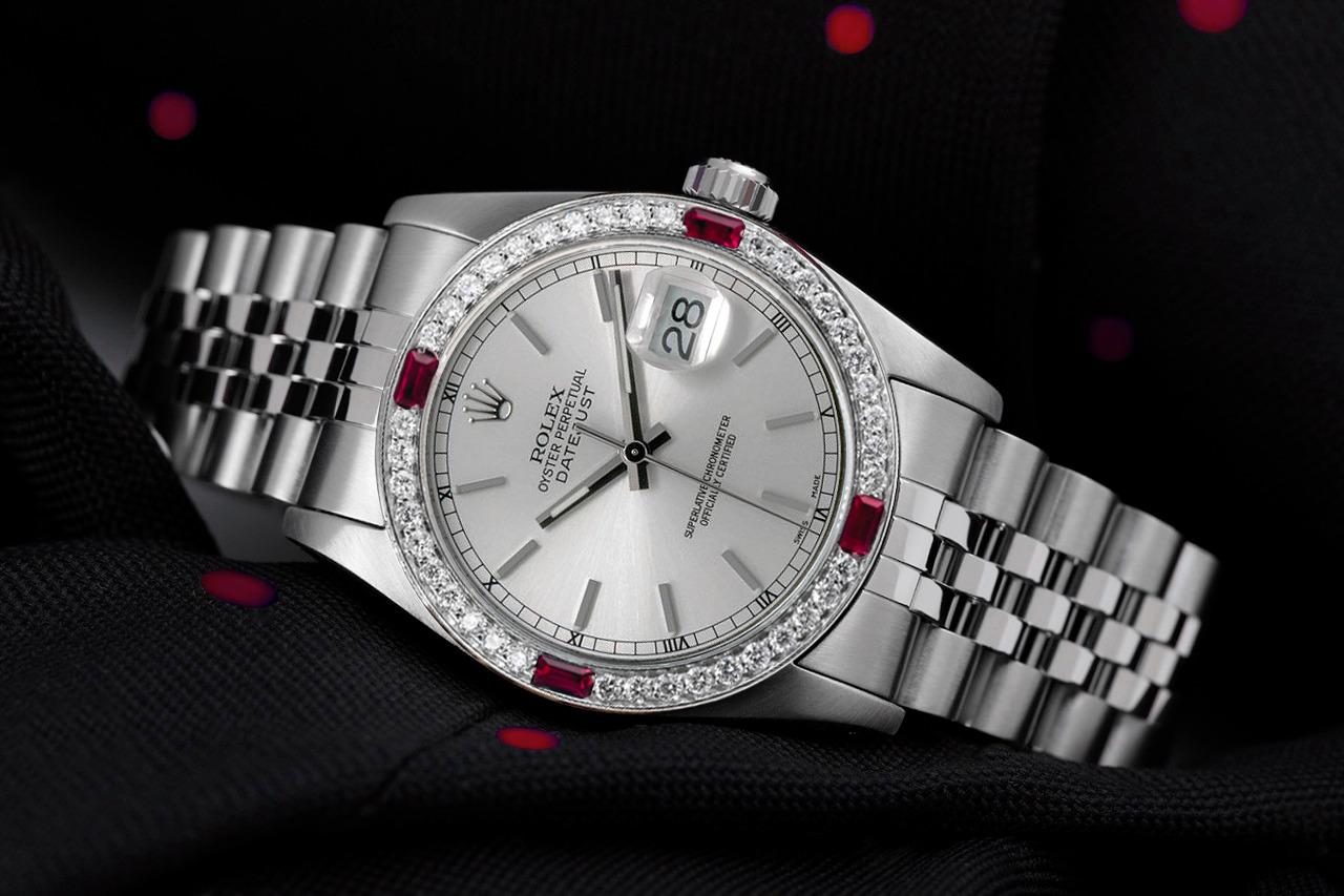 Rolex 31mm Datejust Silver Stick Dial with Diamond & Ruby Bezel Steel Ladies Wrist Watch 68274

