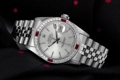 Rolex Datejust Silver Stick Dial with Diamond & Ruby Bezel Steel Watch