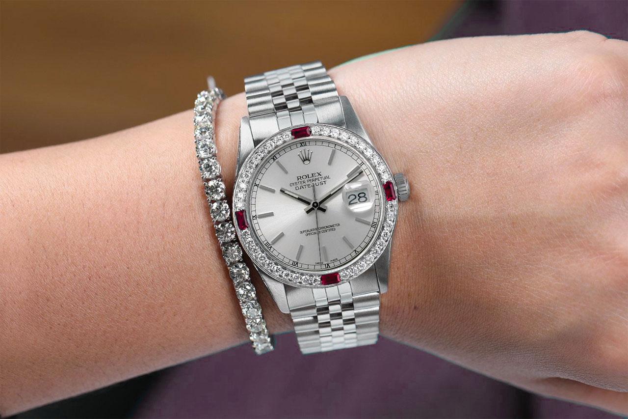 Round Cut Rolex Datejust Silver Stick Dial with Diamond & Ruby Bezel Steel Watch For Sale
