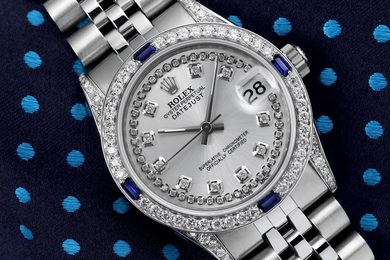 Rolex Montre Datejust avec cadran à cordes et diamants, avec saphirs et diamants Excellent état - En vente à New York, NY