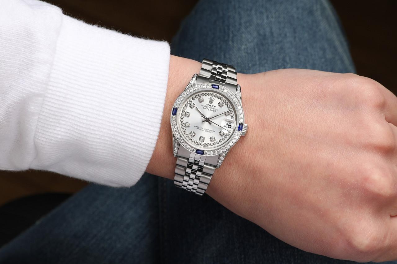 Round Cut Rolex Datejust Silver String Diamond Dial Bezel with Sapphires and Diamond  For Sale