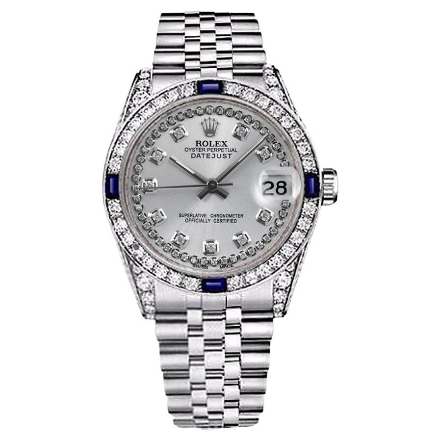 Rolex Datejust Silver String Diamond Dial Bezel with Sapphires and Diamond  For Sale