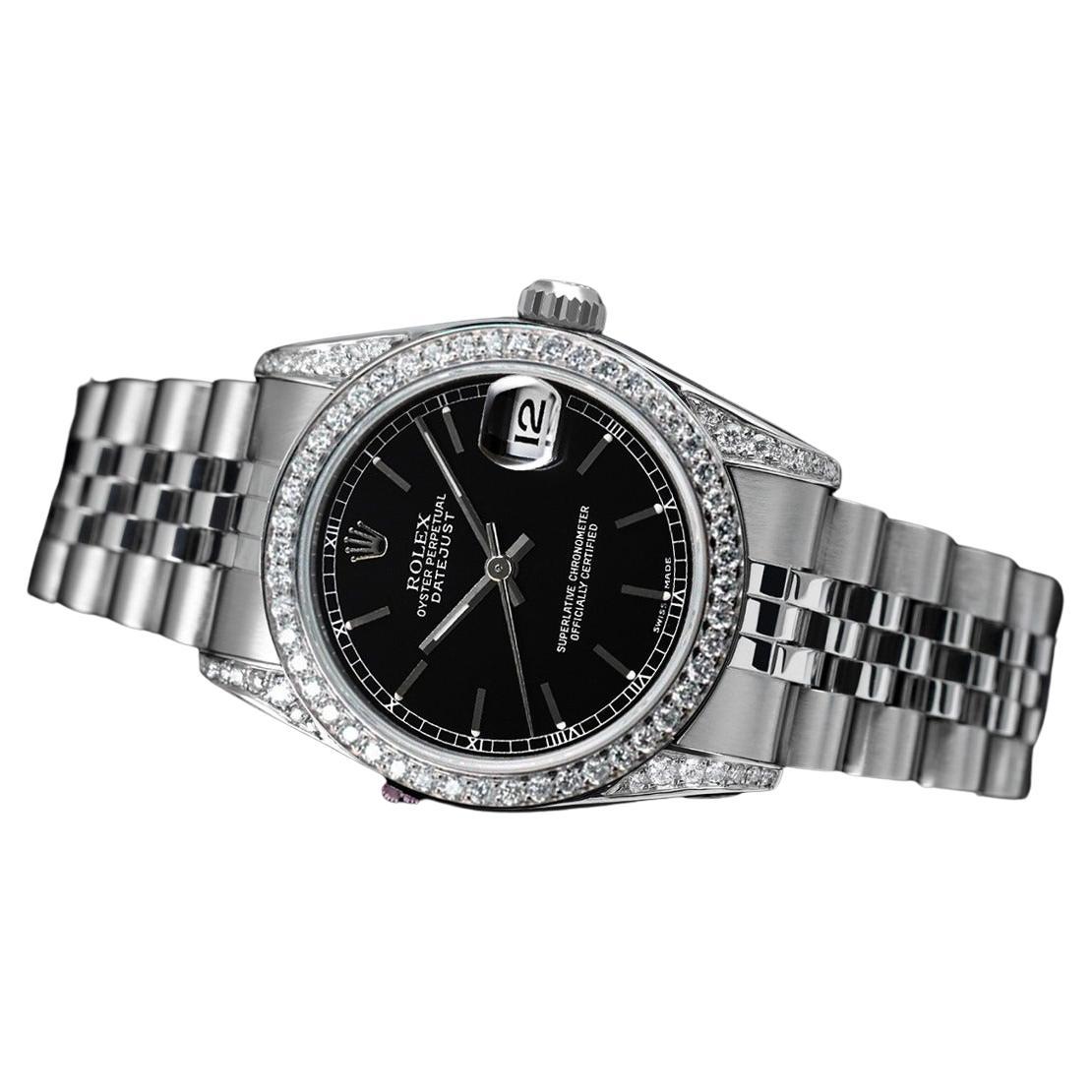 Rolex Datejust 68274 SS Custom Diamond Bezel & Lugs Black Index Dial Watch For Sale