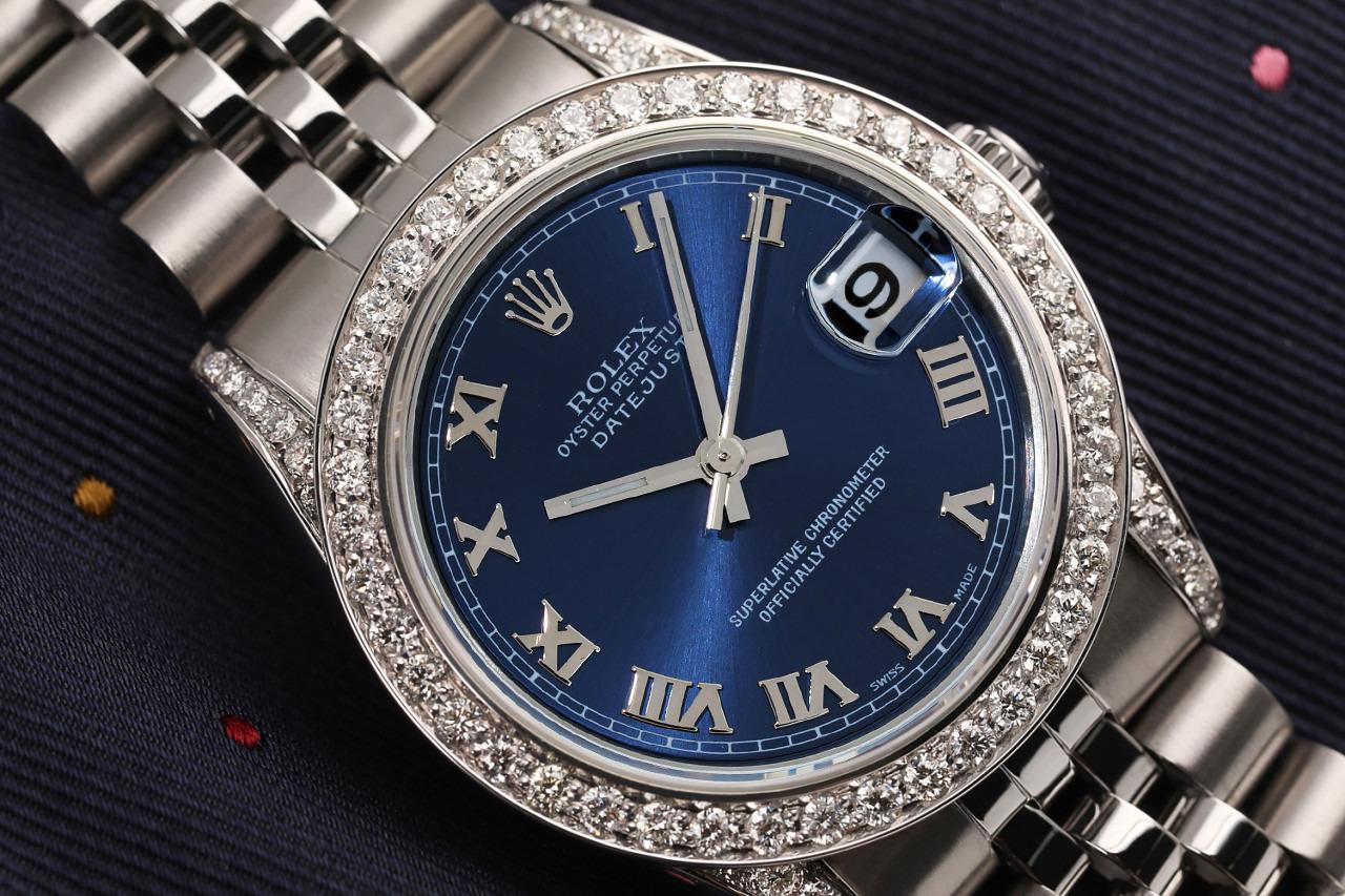 Rolex 31mm Datejust Custom Diamond Bezel & Lugs Blue Roman Numeral Dial Stainless Steel Watch 68274
