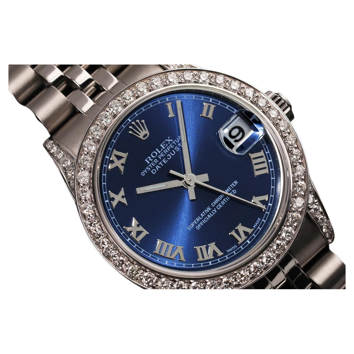 Rolex Datejust SS Custom Diamond Bezel & Lugs Blue Roman Numeral Dial Watch For Sale