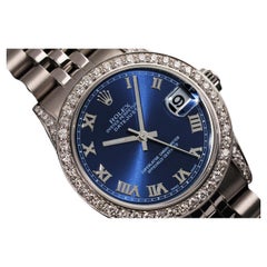 Rolex Datejust SS Custom Diamond Bezel & Lugs Blue Roman Numeral Dial Watch