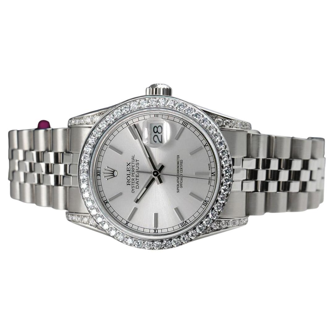 Rolex Datejust 68274 SS Custom Diamond Bezel & Lugs Silver Index Dial Watch For Sale