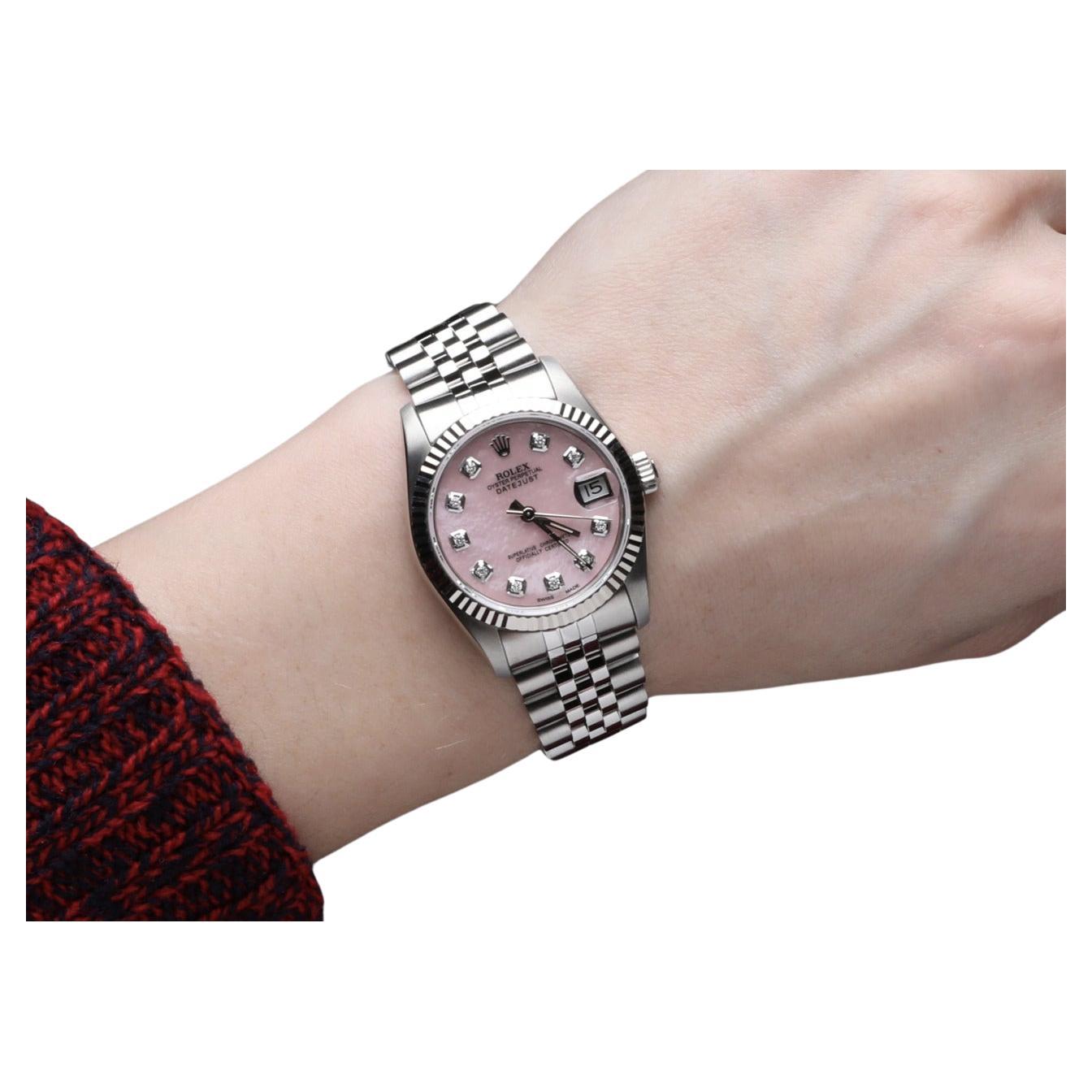 Rolex Datejust SS Pink MOP Diamond Dial Watch Deployment Buckle 68274 For Sale
