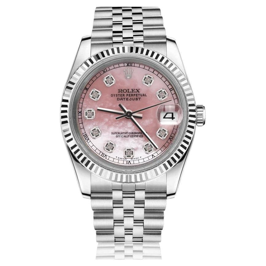 Rolex Datejust SS Pink MOP Mother Of Pearl RT Diamond Dial Watch 68274 For Sale