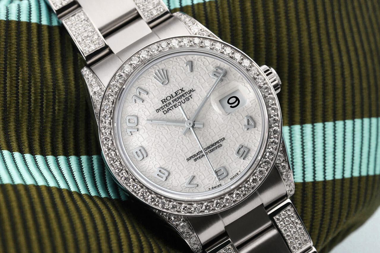 Round Cut Rolex 31mm Datejust Steel Oyster Band Diamond/Emerald Bezel Silver Dial Watch For Sale