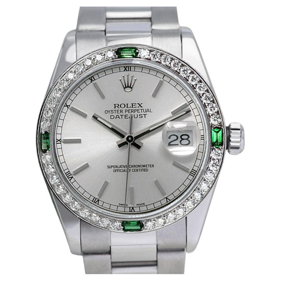 Rolex Datejust Steel Oyster Band Diamond/Emerald Bezel Silver Dial Watch For Sale