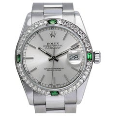 Vintage Rolex Datejust Steel Oyster Band Diamond/Emerald Bezel Silver Dial Watch