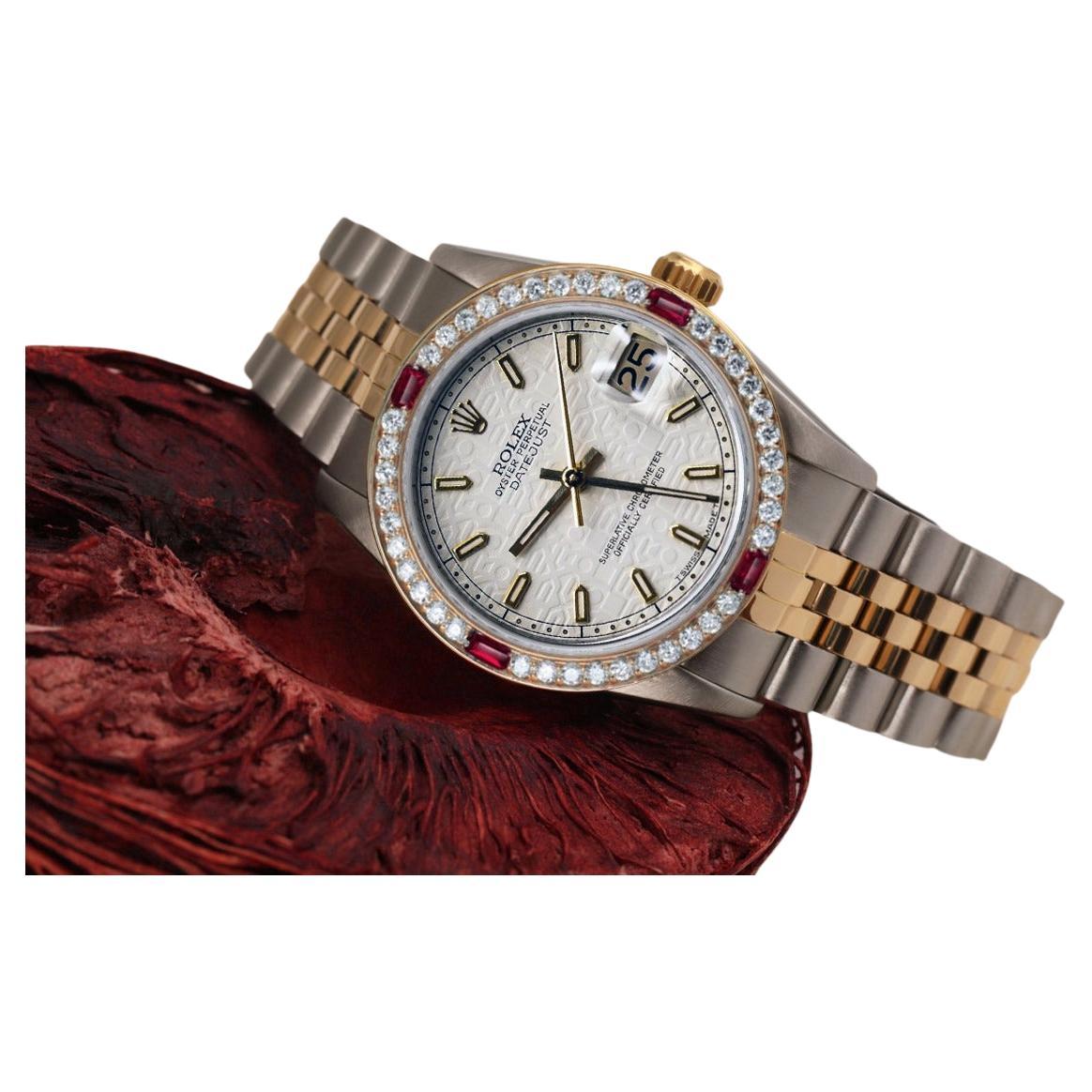Rolex Datejust Stick Cream Jubilee Dial Diamond + Ruby Bezel Two Tone Watch For Sale