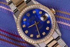 Rolex Datejust 68273 Two Tone 18K Gold + SS Blue Pearl Diamond Dial Watch