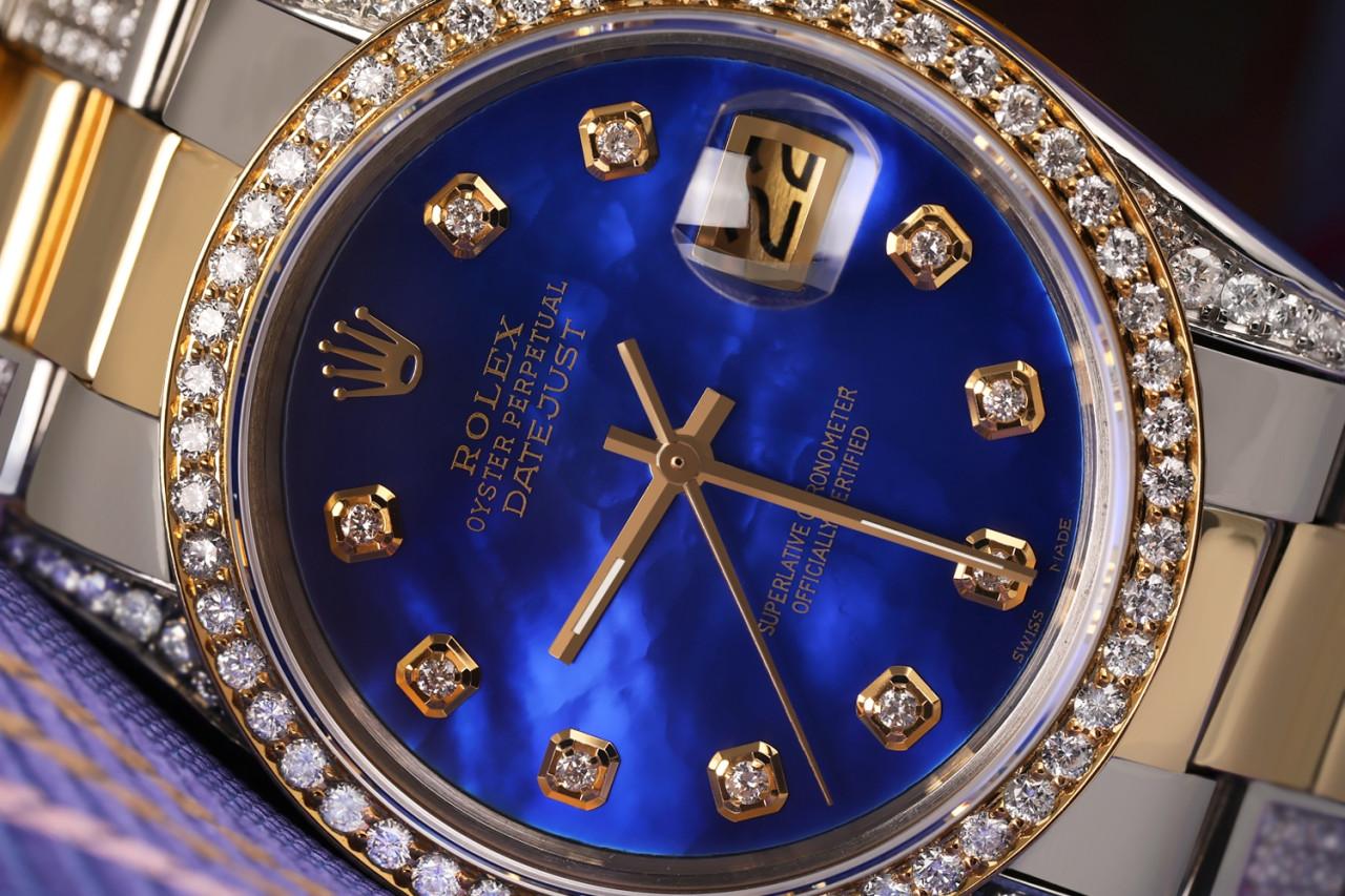 Taille ronde Rolex Montre Datejust 68273 à cadran bicolore en or 18 carats + perles bleues SS et diamants en vente