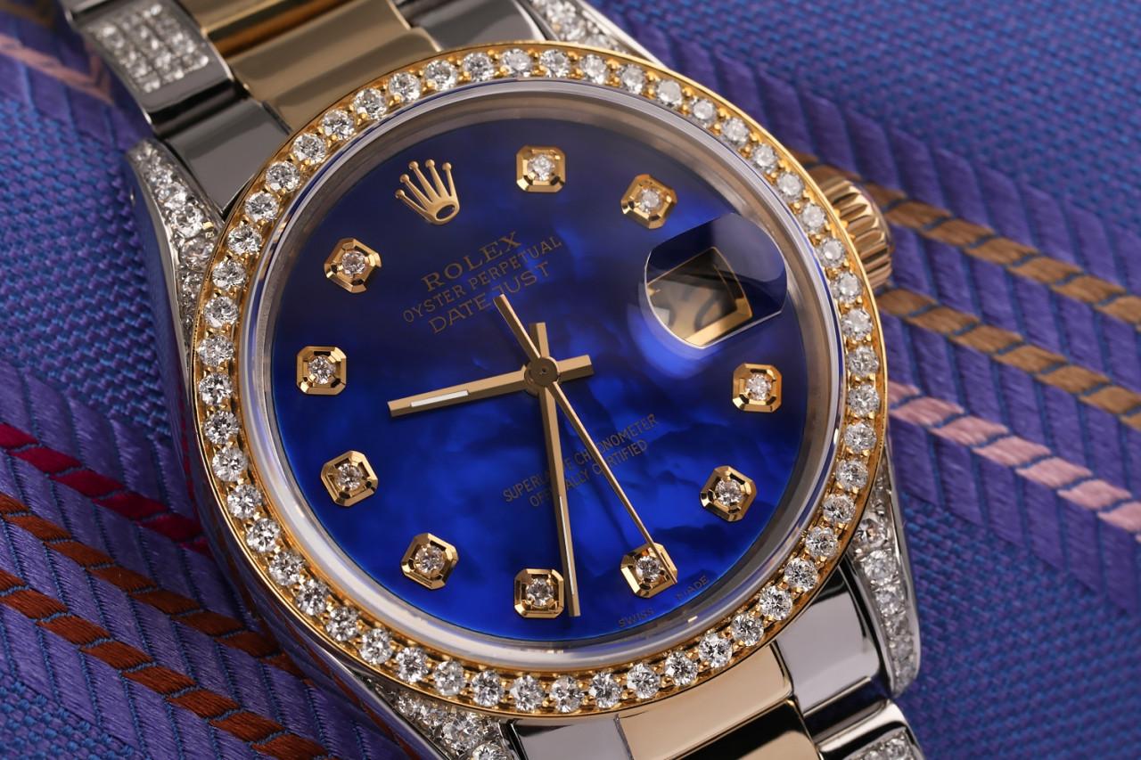 Rolex Montre Datejust 68273 à cadran bicolore en or 18 carats + perles bleues SS et diamants Excellent état - En vente à New York, NY