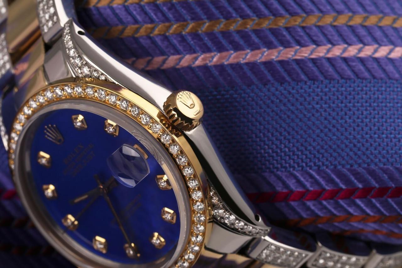 Rolex Montre Datejust 68273 à cadran bicolore en or 18 carats + perles bleues SS et diamants Pour femmes en vente
